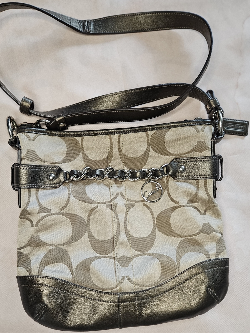 Coach Beige And Metallic Brown Leather Signature Canvas Crossbody w/ Chain Trim
